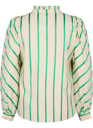 Puuvillainen paitapusero raidallisella kuosilla ja röyhelökauluksella, Beige Green Stripe, Packshot image number 1