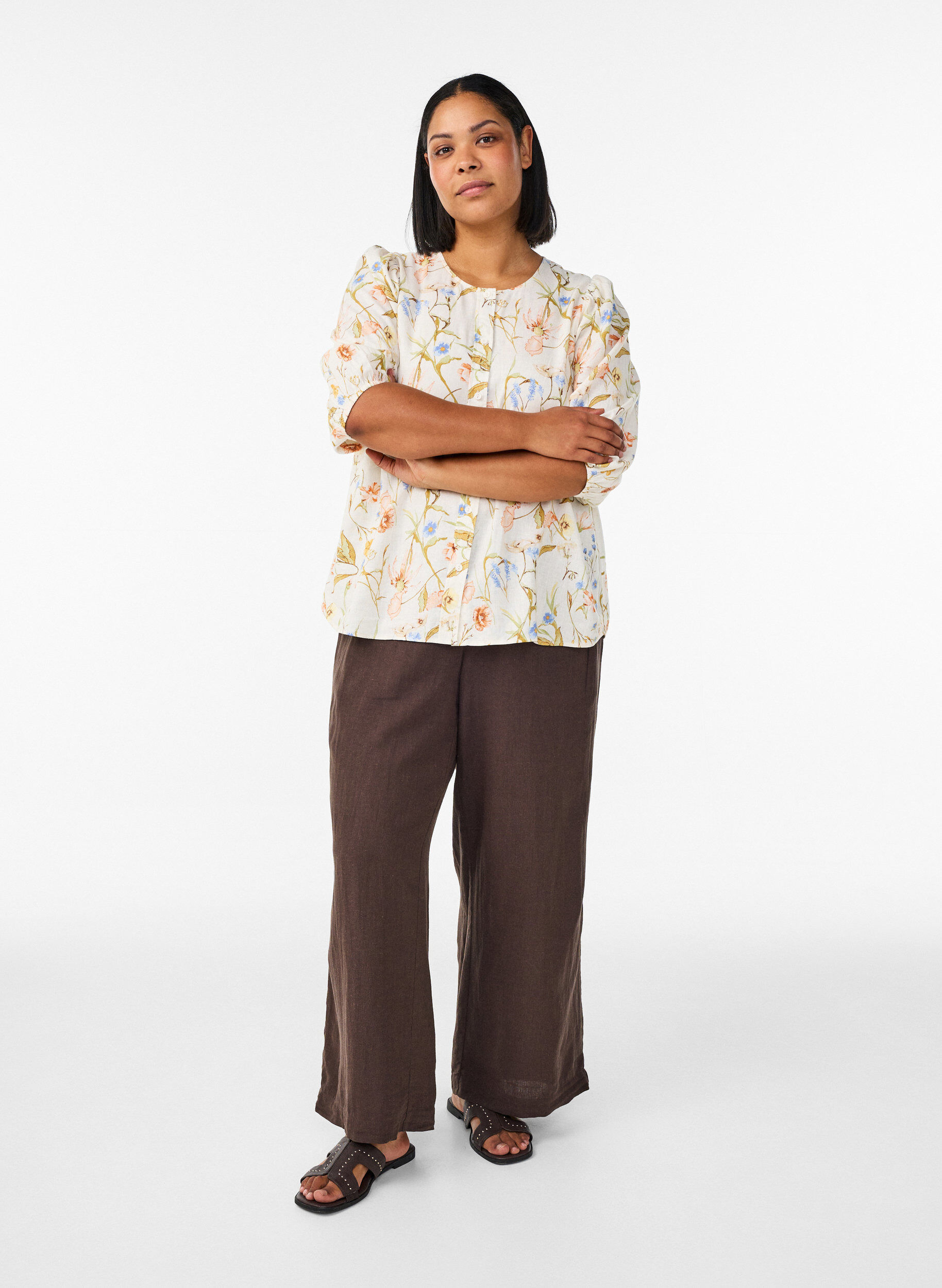 Zizzi Paitapusero pellava- ja viskoosisekoitteesta 3/4-hihoilla, Vanilja, Model image number 1