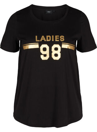 Puuvillainen t-paita painatuksella rinnassa, Black LADIES 98, Packshot image number 0