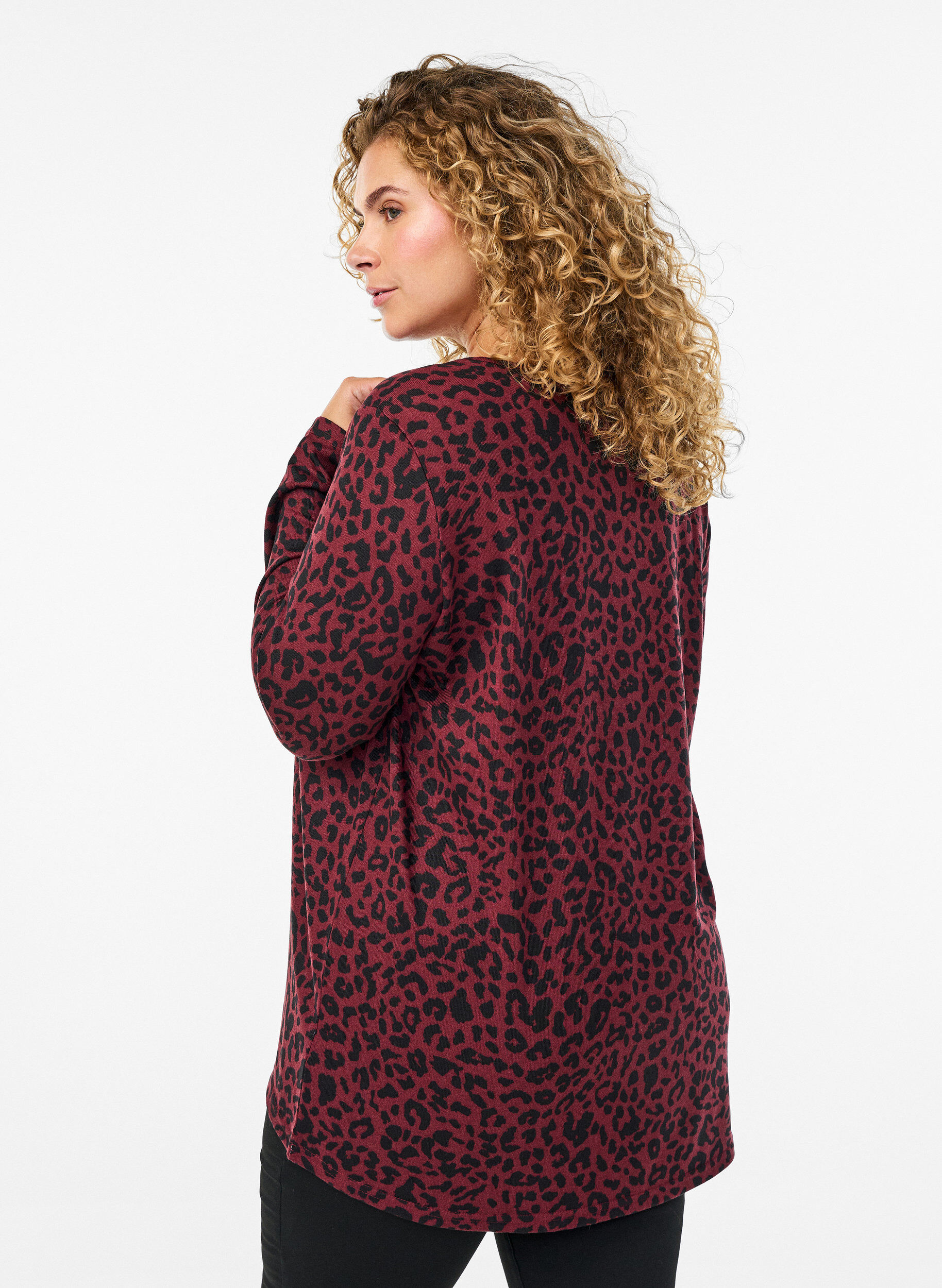 ZizziLeopardikuvioinen pusero pitk&auml;ll&auml; hihalla, Tumma Bordeaux, Model image number 2