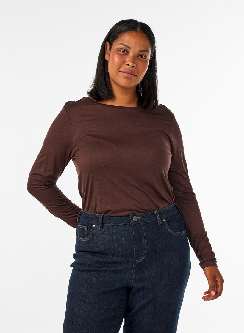 Pitk&auml;hihainen pusero villasta ja viskoosista, Ruskea, Model image number 0