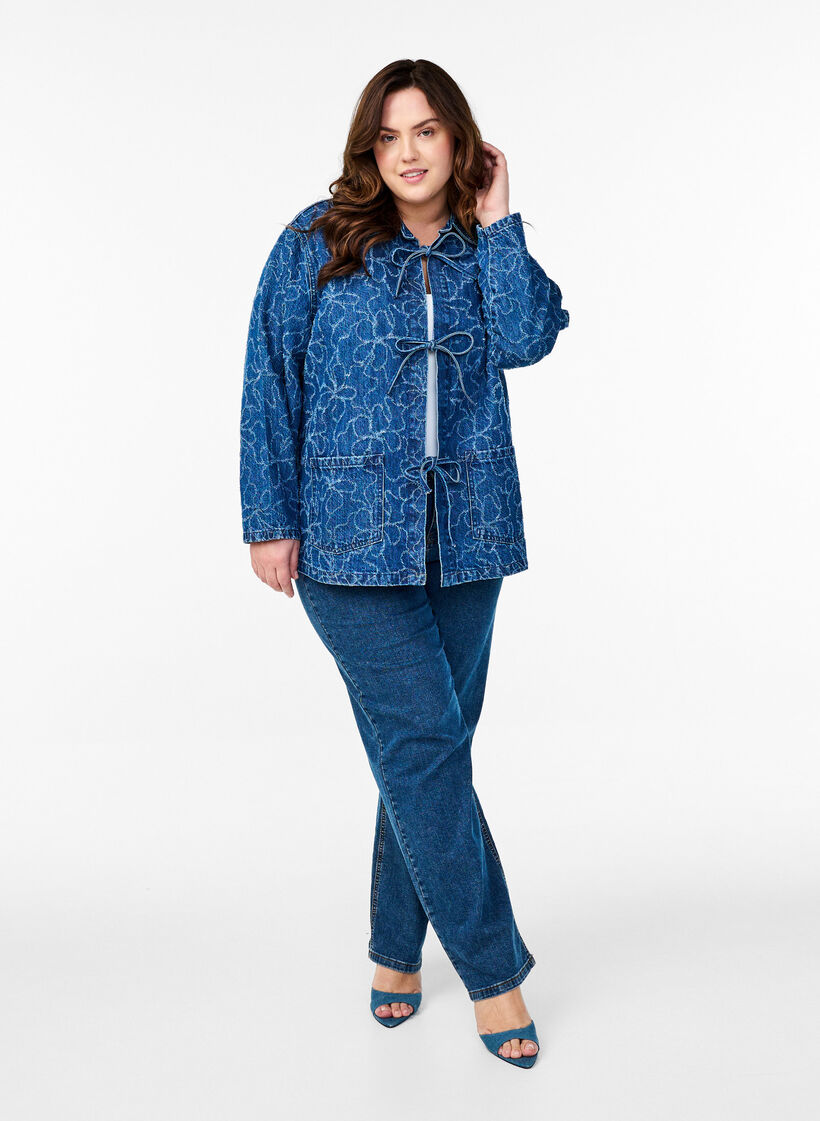 Farkkutakki solmittavalla kiinnityksellä ja taskuilla, Blue Denim Destroy, Model image number 3