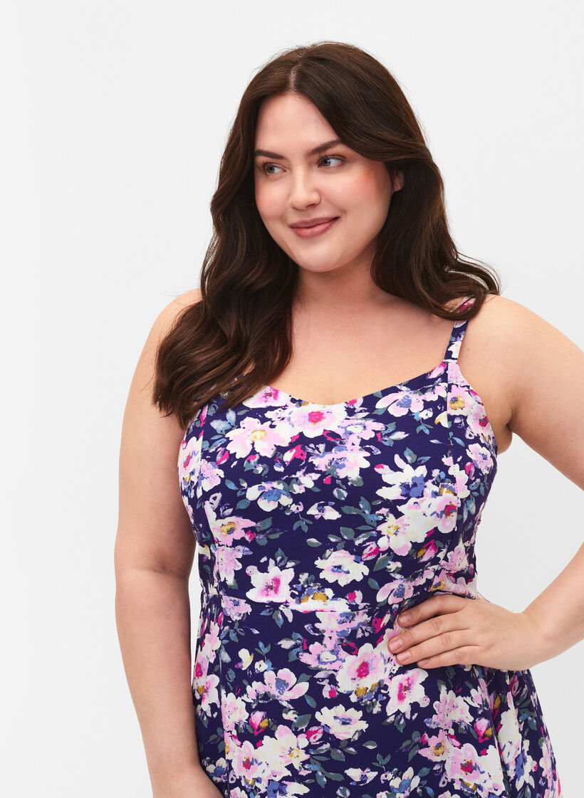 Kukallinen viskoosimekko naruolkaimilla ja smokkirypytyksellä, Blue Flower, Model image number 2