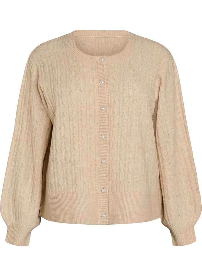 Palmikkoneuletakki helmikaarinapeilla, Beige, Packshot image number 0