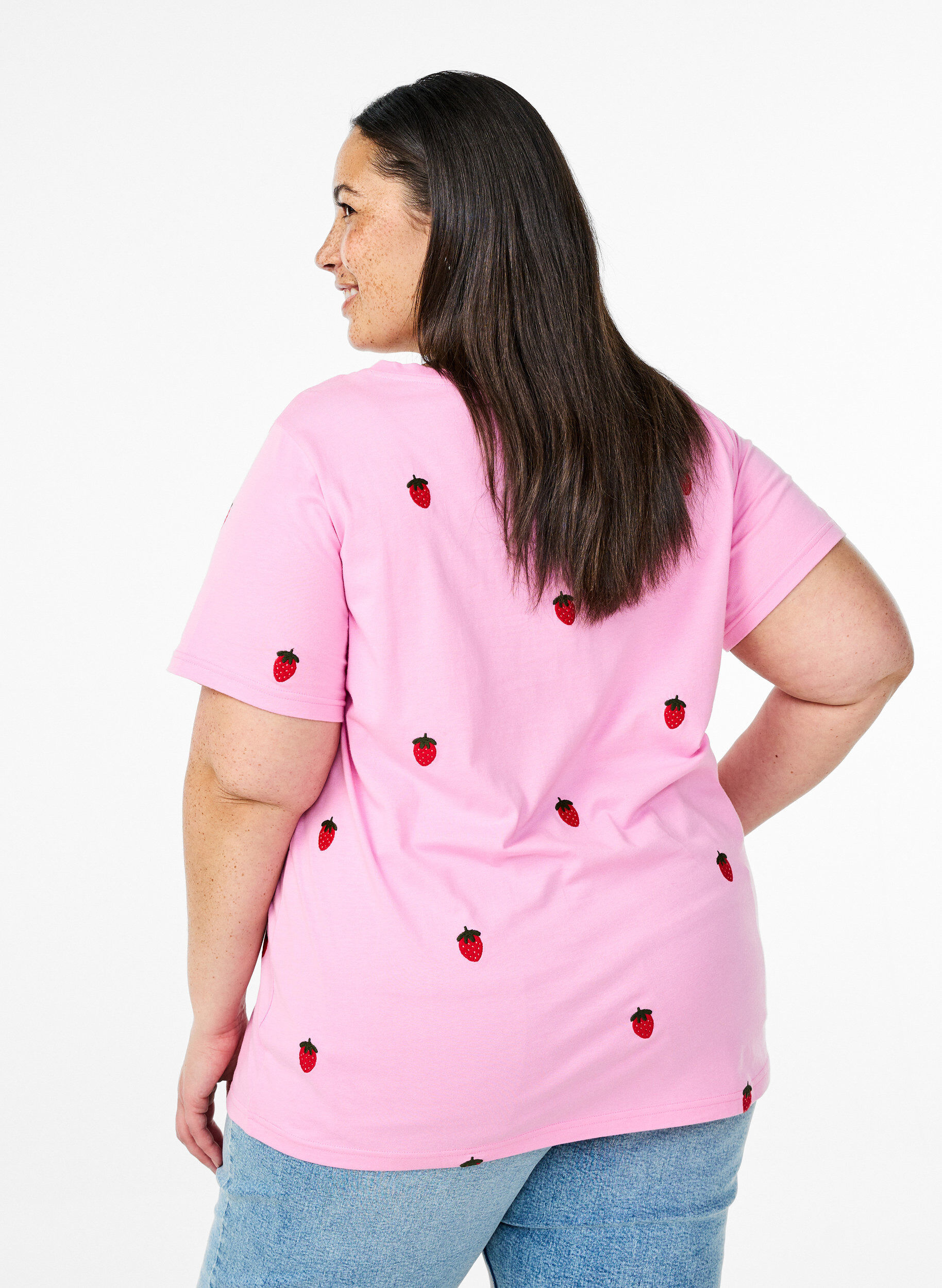 Zizzi Luomupuuvillainen T-paita kirjailuilla kuvioilla., Vaaleanpunainen, Model image number 2