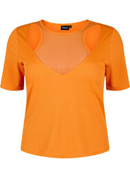 Tyköistuva V-kaula-aukkoinen pusero, jossa on verkkokankainen yksityiskohta, Vibrant Orange