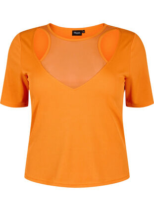 Tyköistuva V-kaula-aukkoinen pusero, jossa on verkkokankainen yksityiskohta, Vibrant Orange, Packshot image number 0
