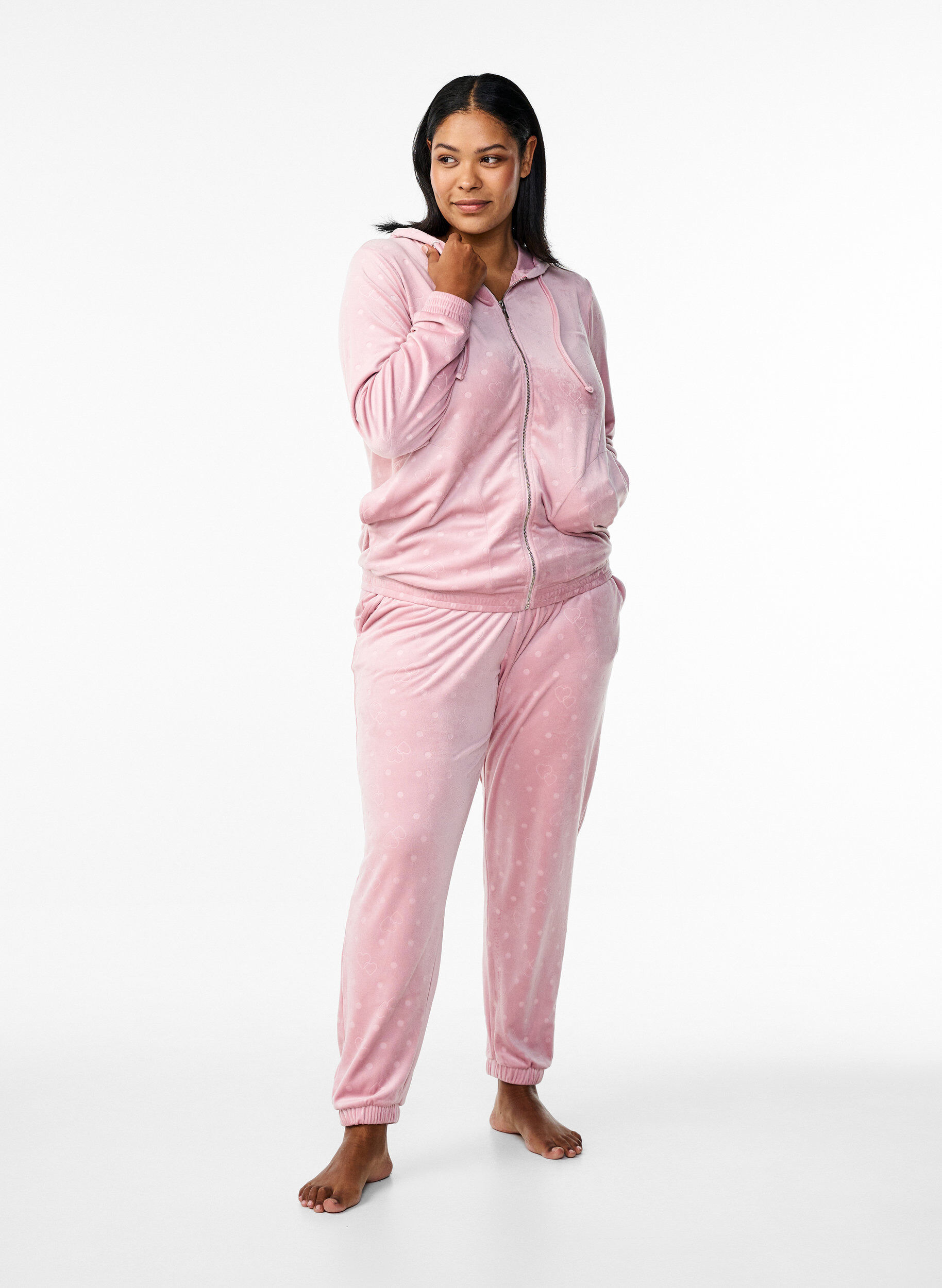 Zizzi Velourhousut kohokuvioidulla kuosilla, Vaaleanpunainen, Model image number 0