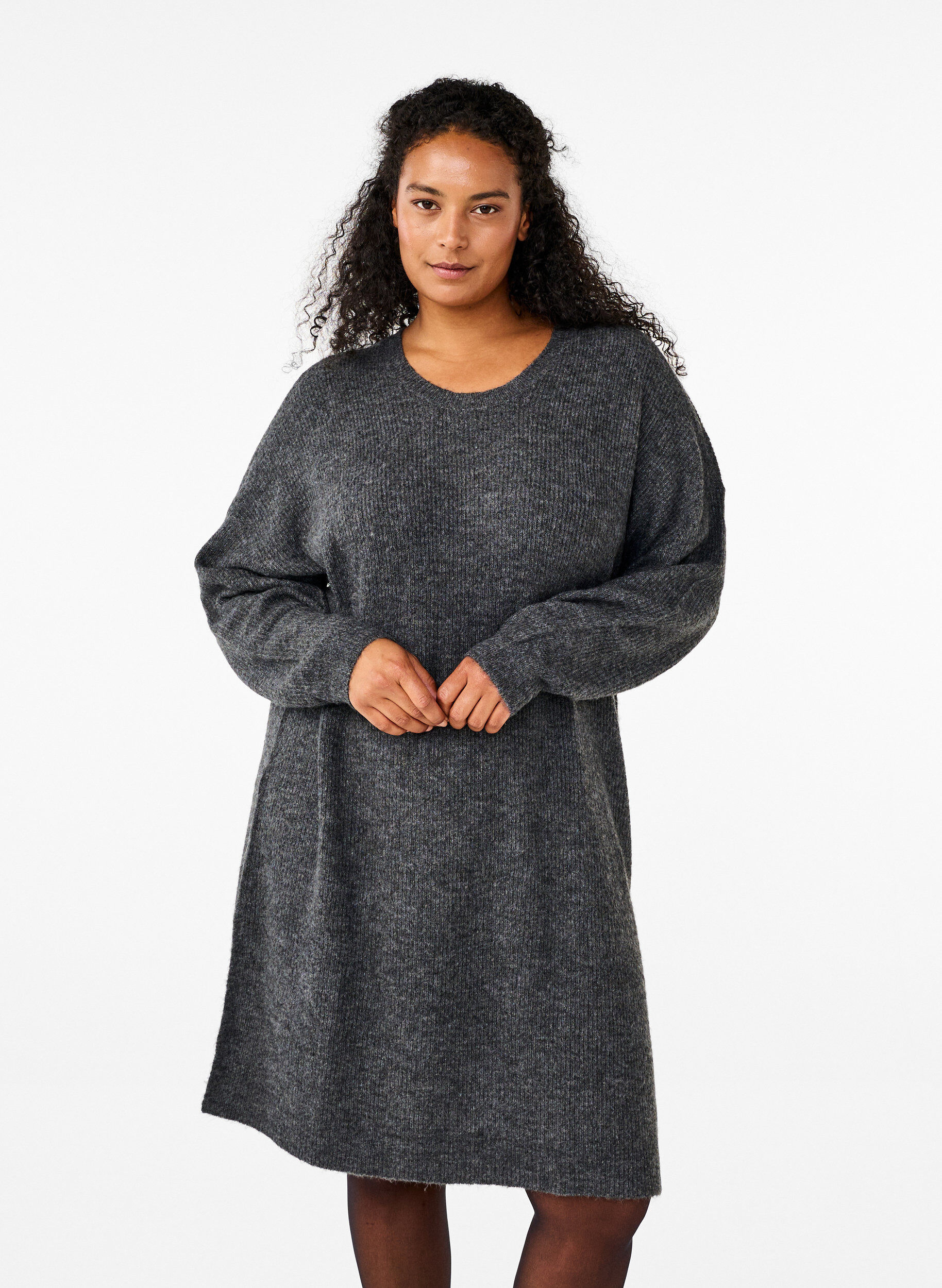 Zizzi Pitk&auml;hihainen ribbineulemekko, Dark Grey Black Mel., Model image number 0