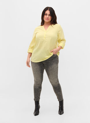 Puuvillainen paitapusero v-aukolla, Yellow, Model image number 2