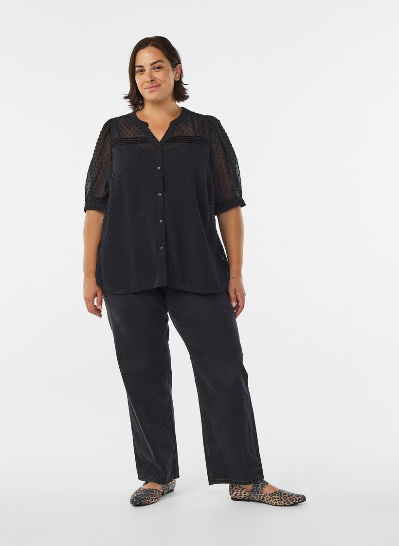 Lyhythihainen paitapusero pilkullisella tekstuurilla, Musta, Model image number 1