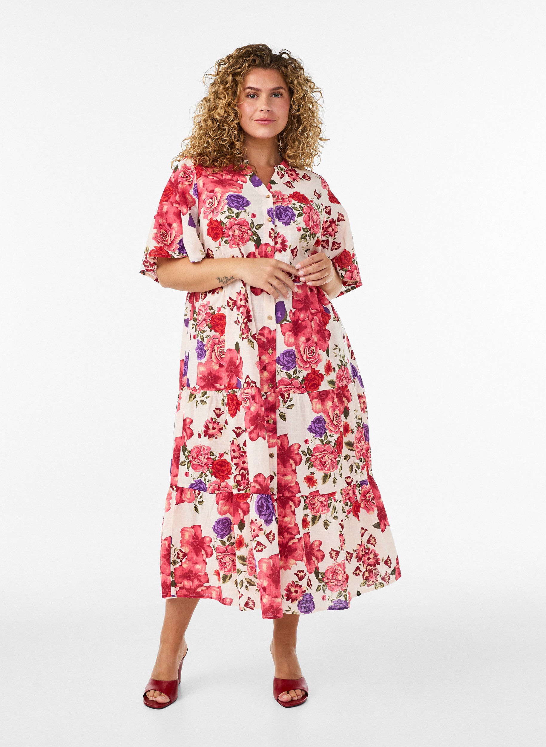 ZizziPuuvillainen midimekko kukkakuosilla, Punainen, Model image number 0