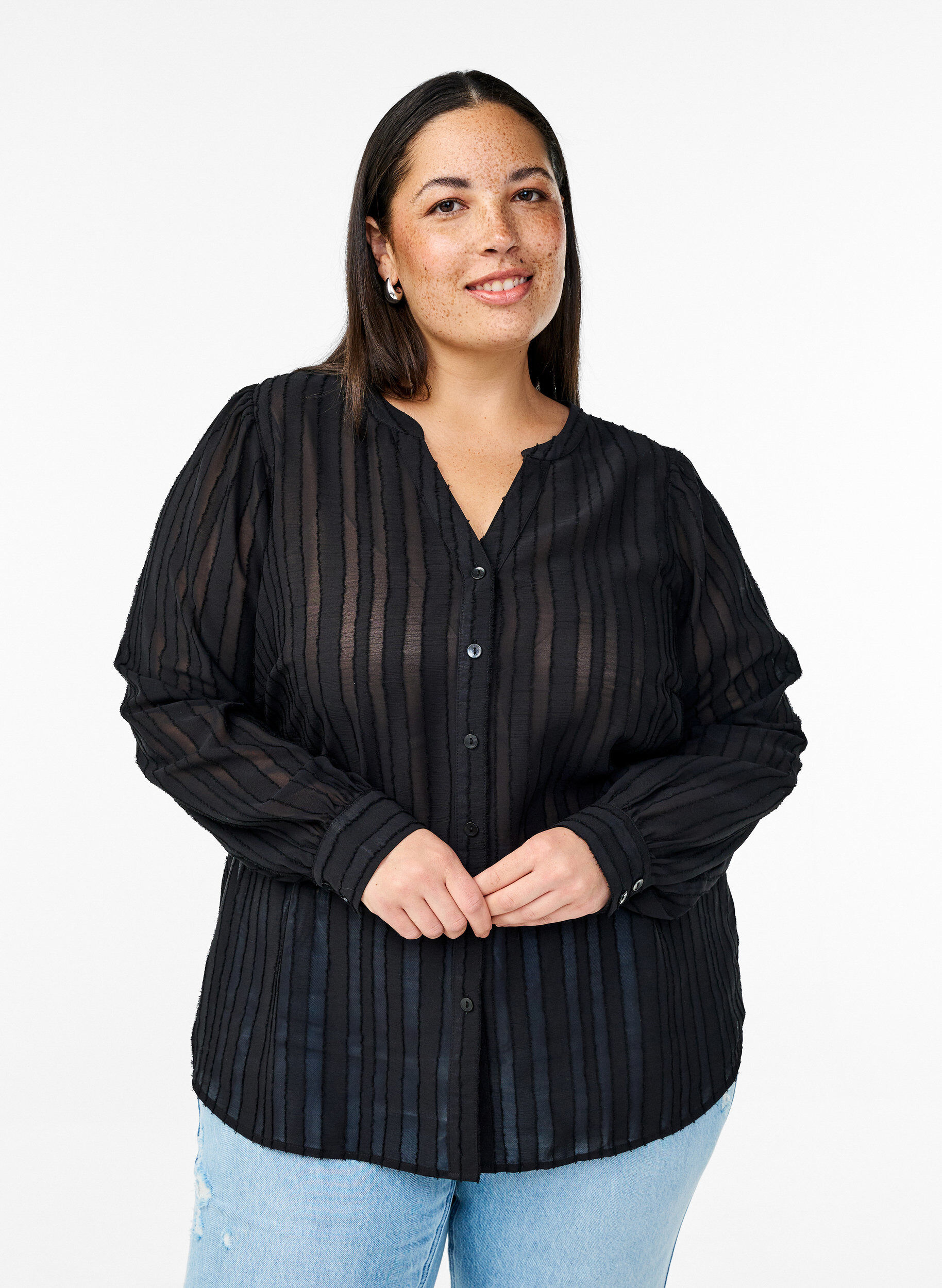 Zizzi Raidallinen paitapusero l&auml;pikuultavilla raidoilla, Musta, Model image number 0