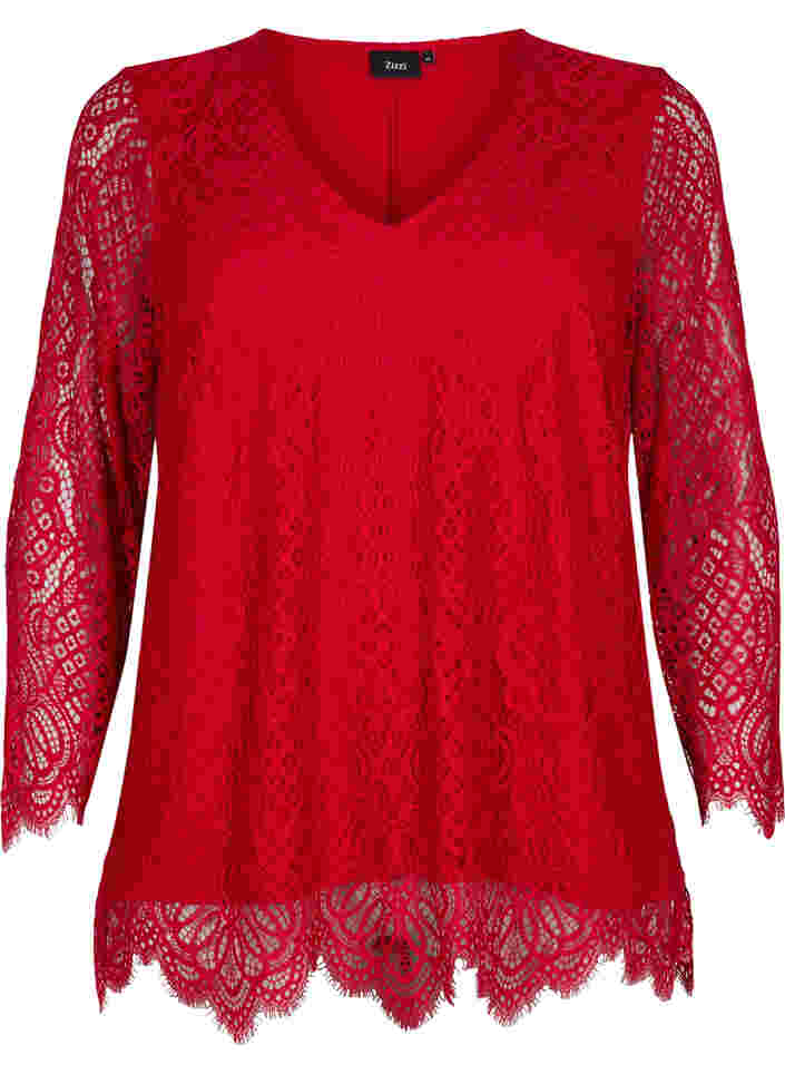 Pitkähihainen pitsipusero v-pääntiellä, Tango Red, Packshot image number 0