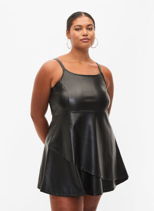 Tekonahkainen mekko A-mallissa, Black, Model image number 0