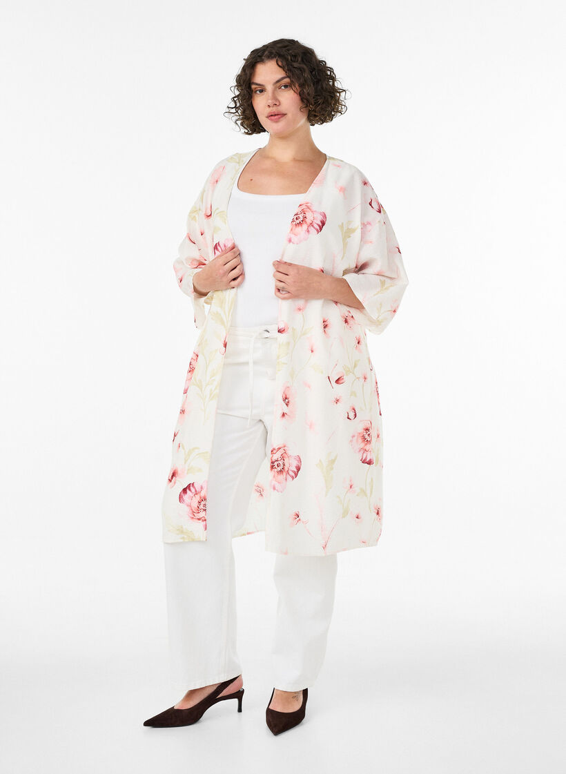 Viskoosikimono, 3/4-mittaiset hihat, Punainen, Model image number 1