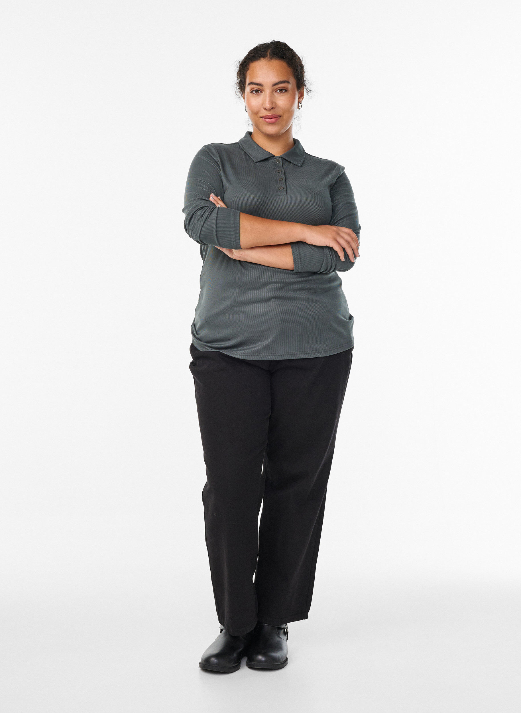 Zizzi Pikeepaita pehme&auml;&auml; ribattua materiaalia, pitk&auml;t hihat, Vihre&auml;, Model image number 1