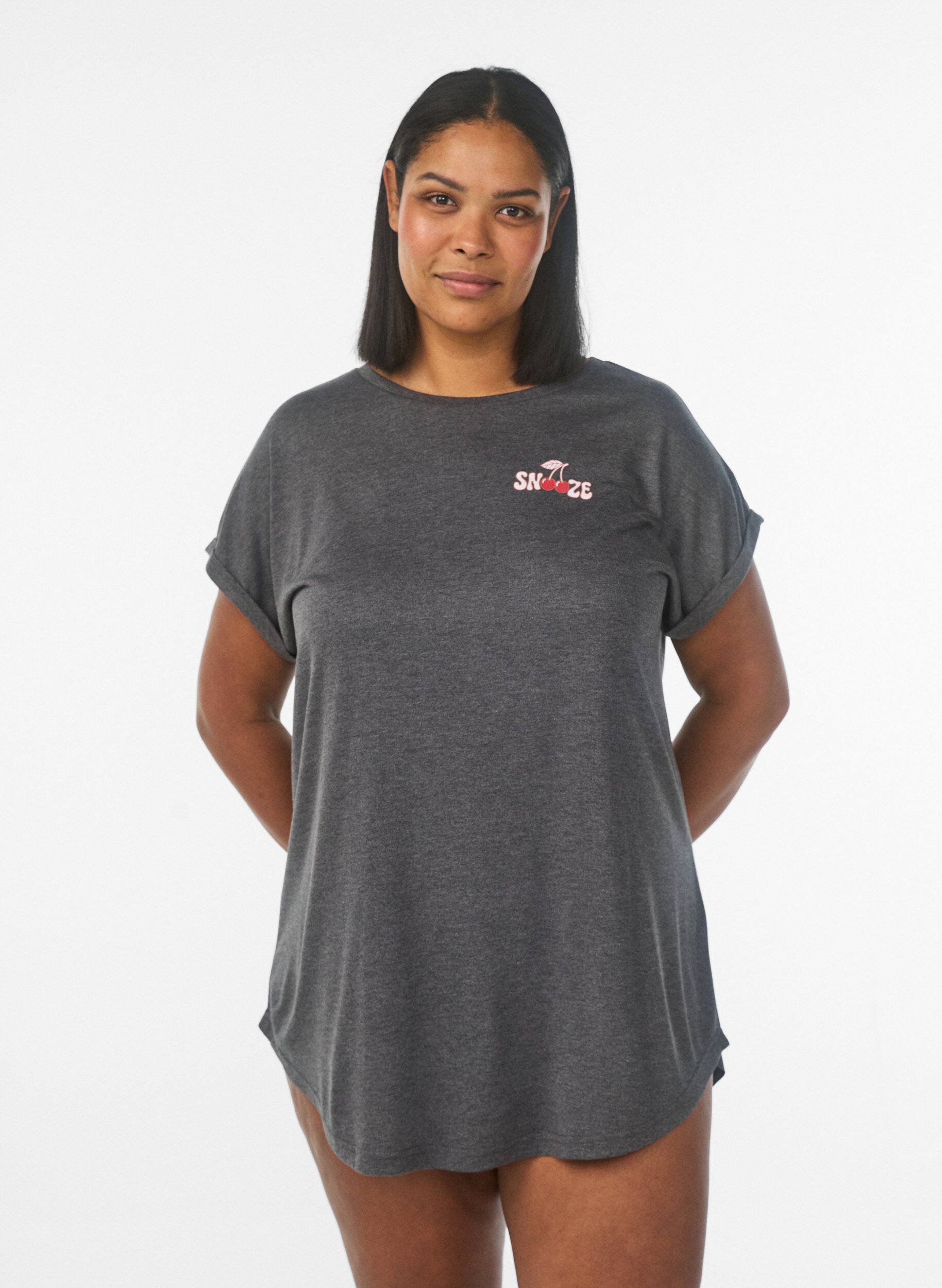 Zizzi Short sleeve nightgown with text print, Black, Model image number 0