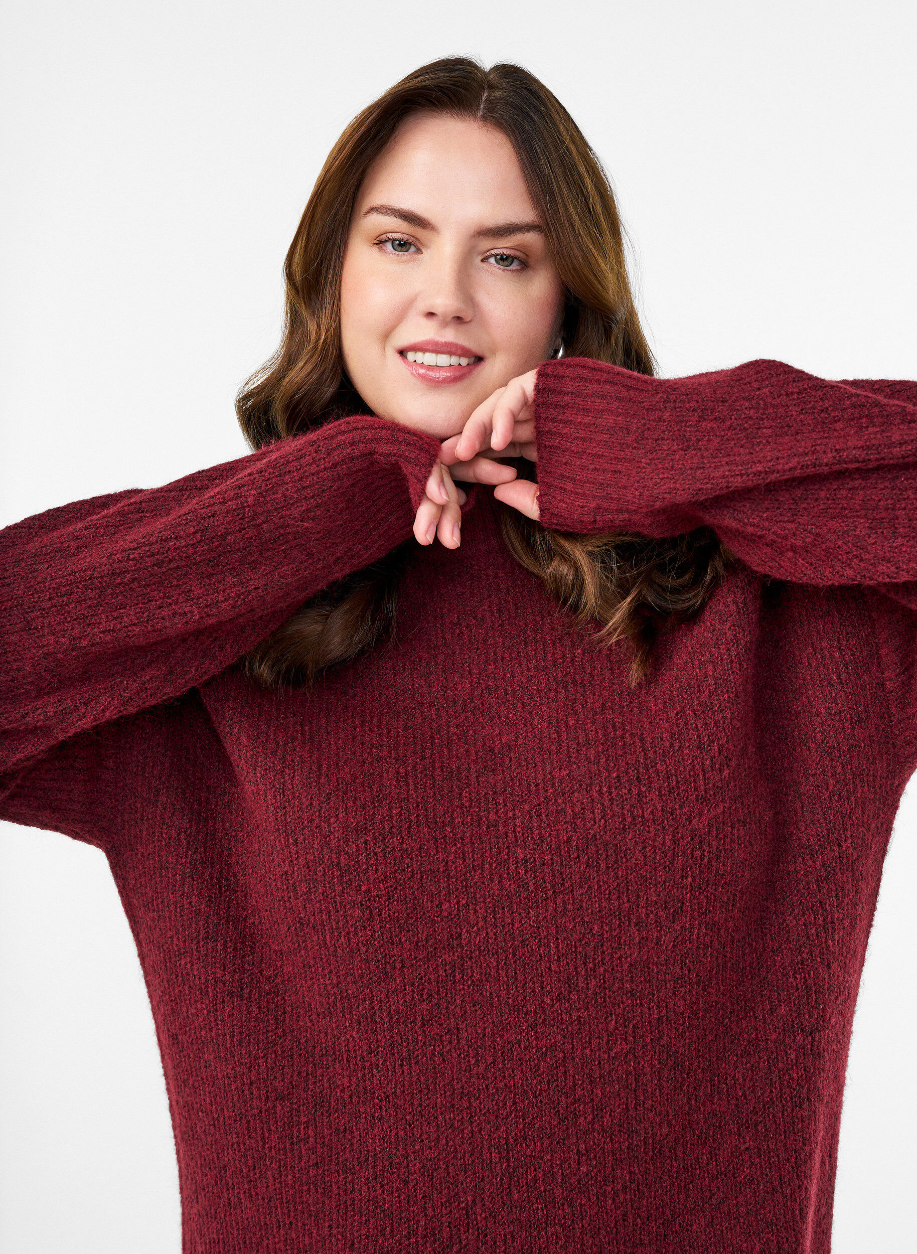 Zizzi Pitk&auml; neulemekko korkealla kauluksella, Punainen, Model image number 3