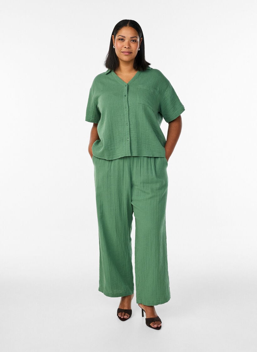 Puuvillamusliinipusero lyhyill&auml; hihoilla, Vihre&auml;, Model image number 1