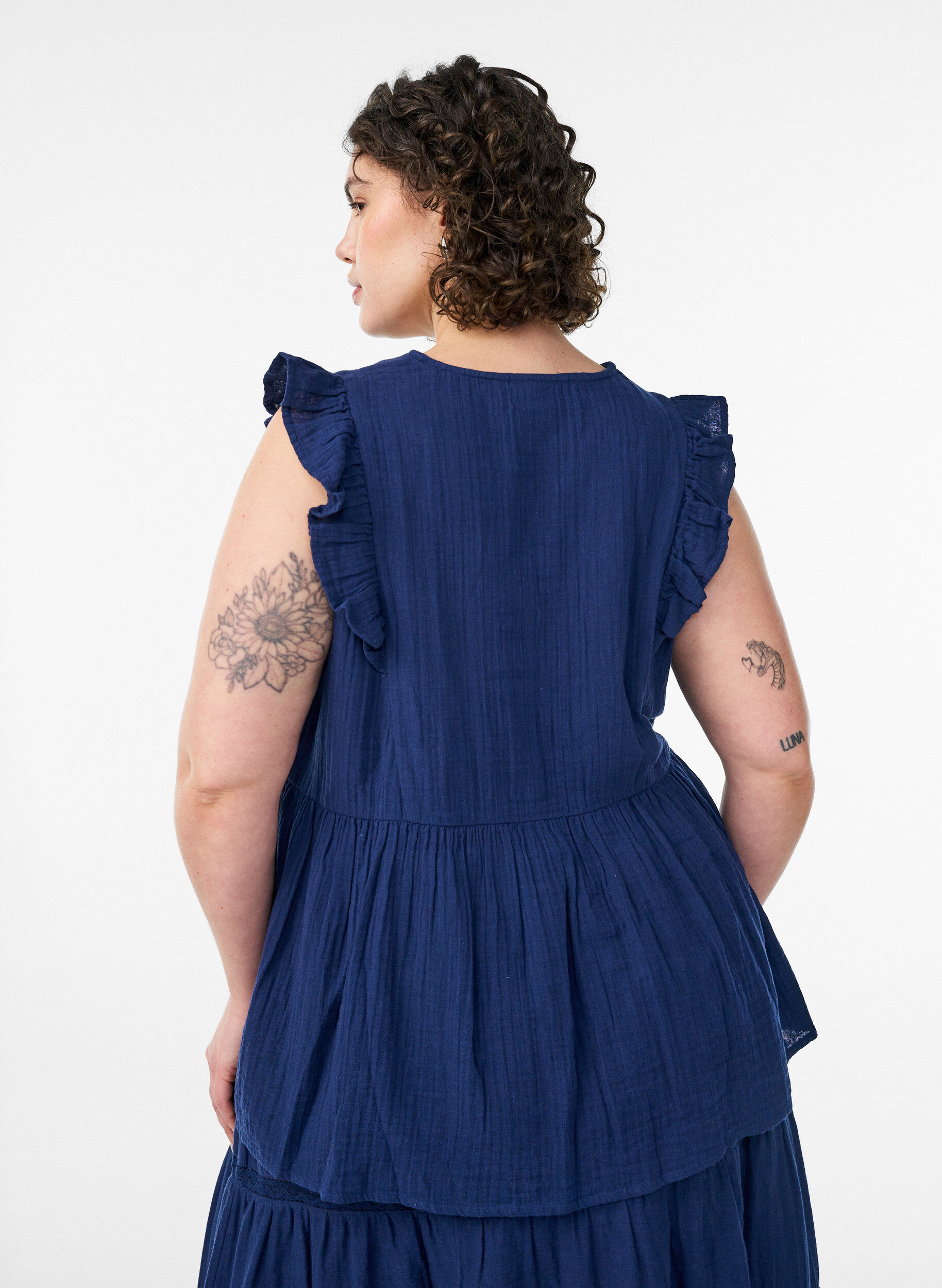 ZizziHihaton puuvillamusliinipusero r&ouml;yhel&ouml;ill&auml;, Sininen, Model image number 2