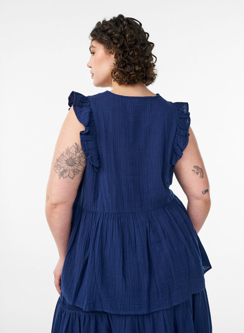 Hihaton puuvillamusliinipusero r&ouml;yhel&ouml;ill&auml;, Sininen, Model image number 2