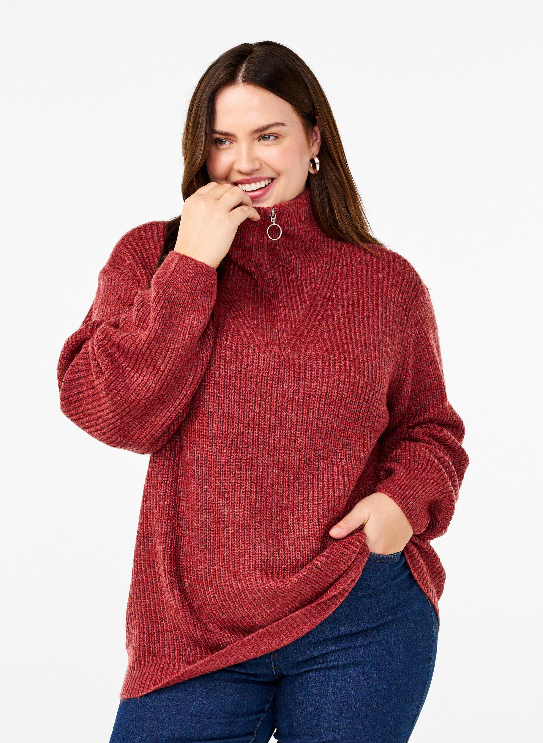 ZizziNeulepusero, jossa korkea kaulus ja vetoketju, Punainen, Model image number 0