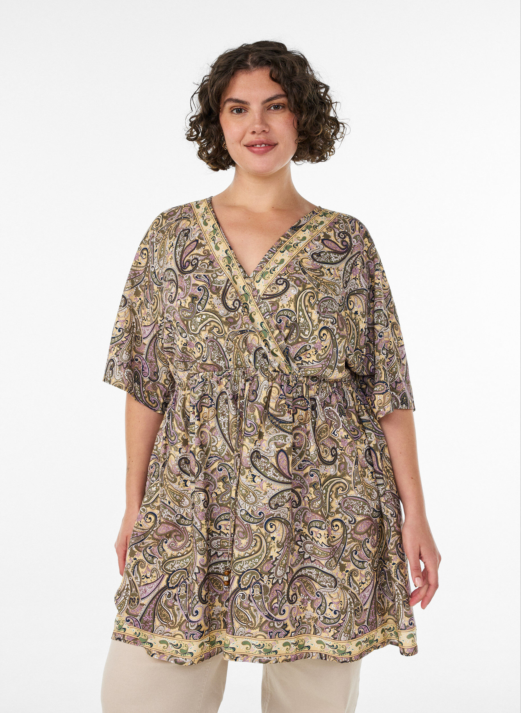 ZizziViskoositunika paisley-kuviolla ja solmittavilla nauhoilla, Keltainen, Model image number 0