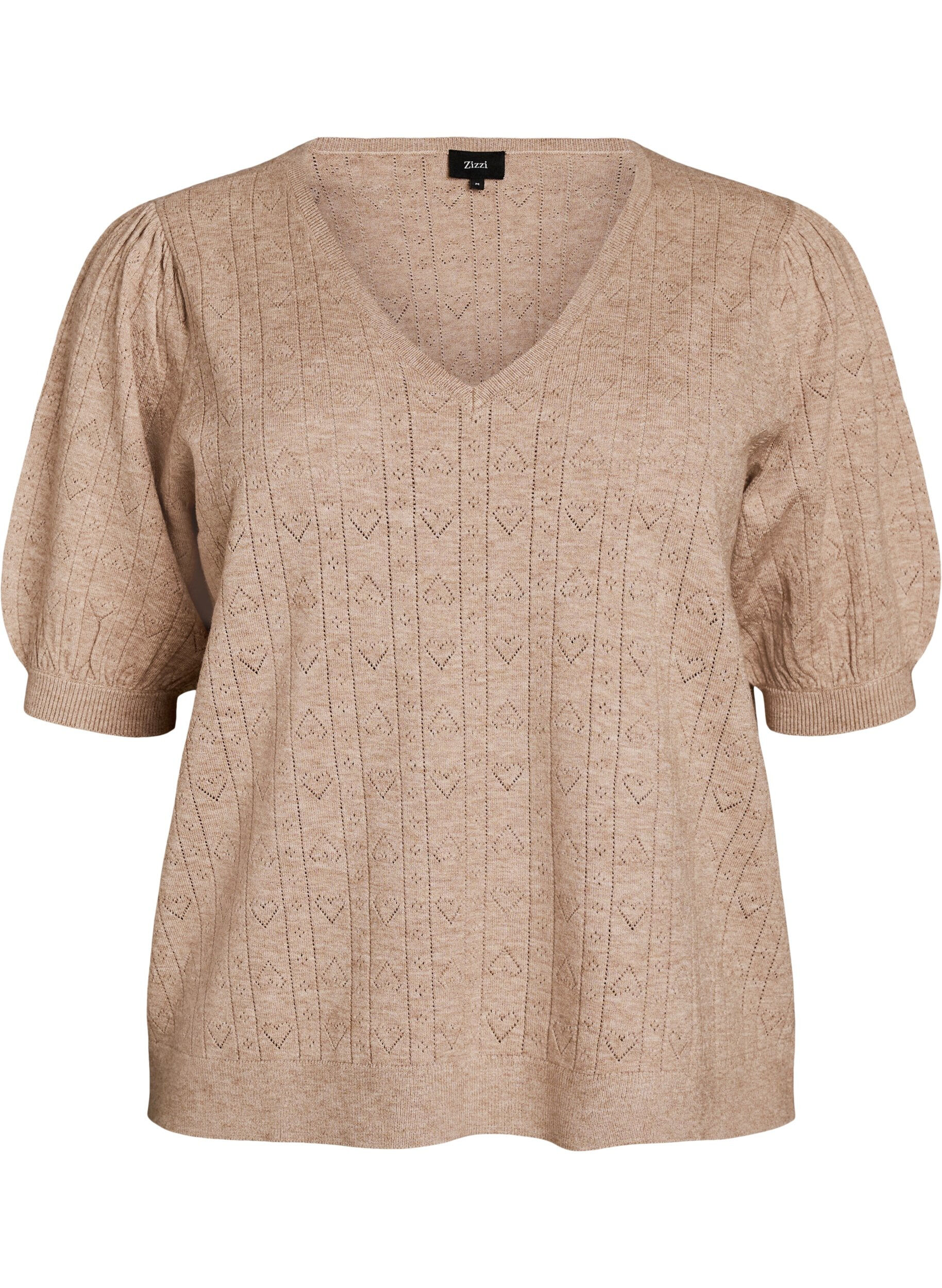 ZizziLyhythihainen neulepusero pointelle-kuviolla, Beige, Packshot image number 0