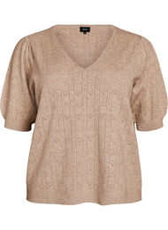 Lyhythihainen neulepusero pointelle-kuviolla, Beige