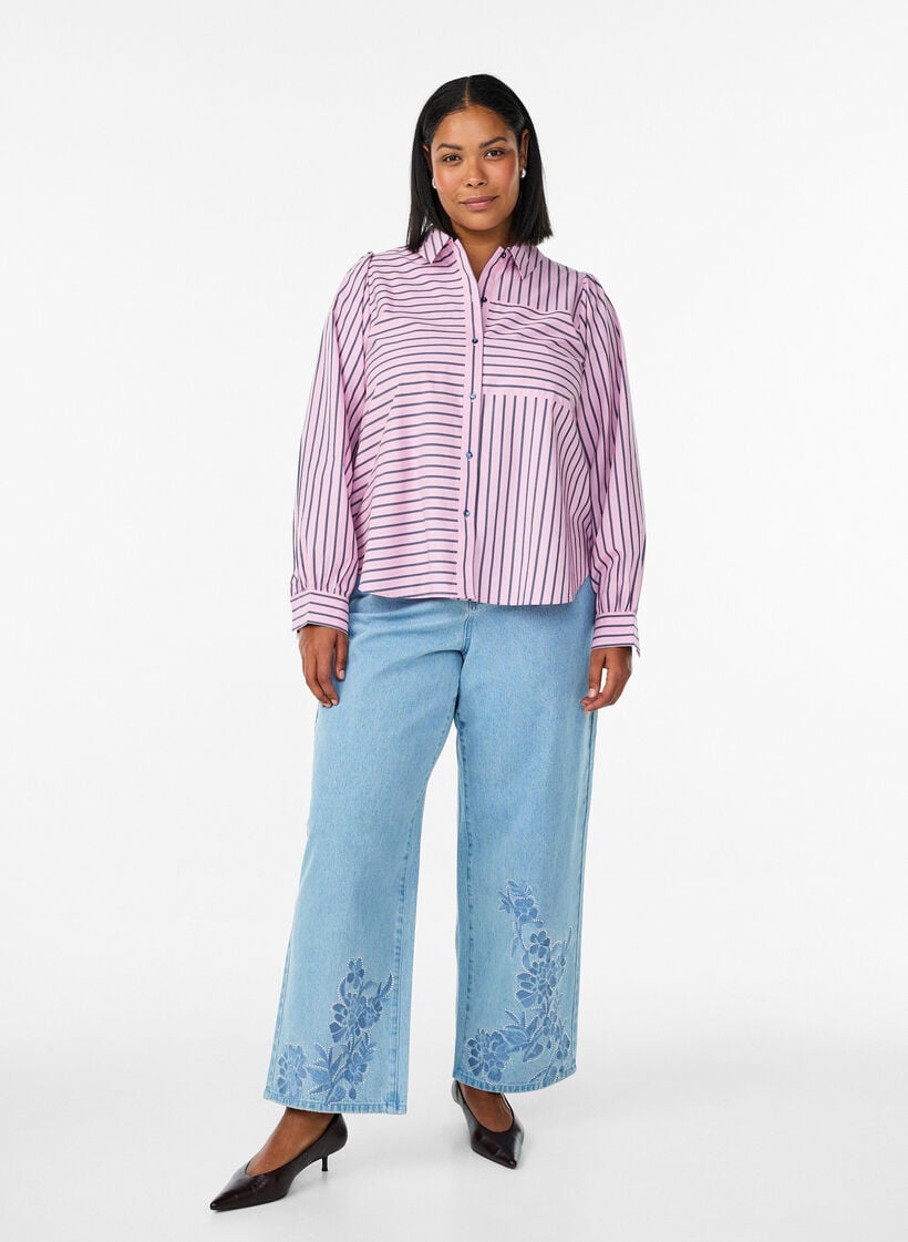 Raidallinen paita klassisella kauluksella ja pitkill&auml; hihoilla, Vaaleanpunainen, Model image number 1