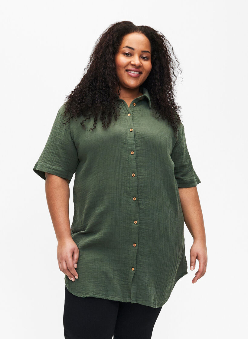 Lyhythihainen paita, jossa on napit, Thyme, Model image number 0