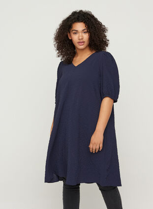 A-mallinen mekko tekstuurilla ja puhvihihoilla, Evening Blue, Model image number 0