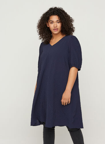 A-mallinen mekko tekstuurilla ja puhvihihoilla, Evening Blue, Model image number 0