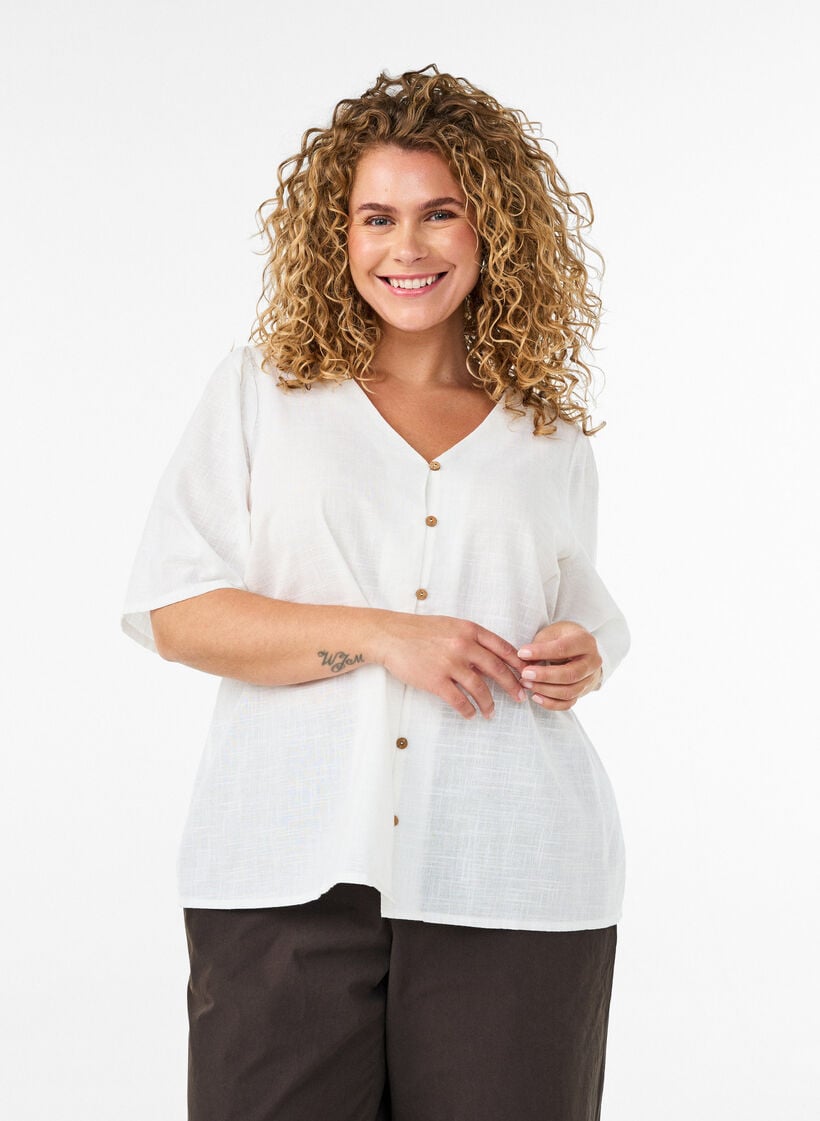 Lyhythihainen puuvillapaita V-p&auml;&auml;ntiell&auml;, Valkoinen, Model image number 0