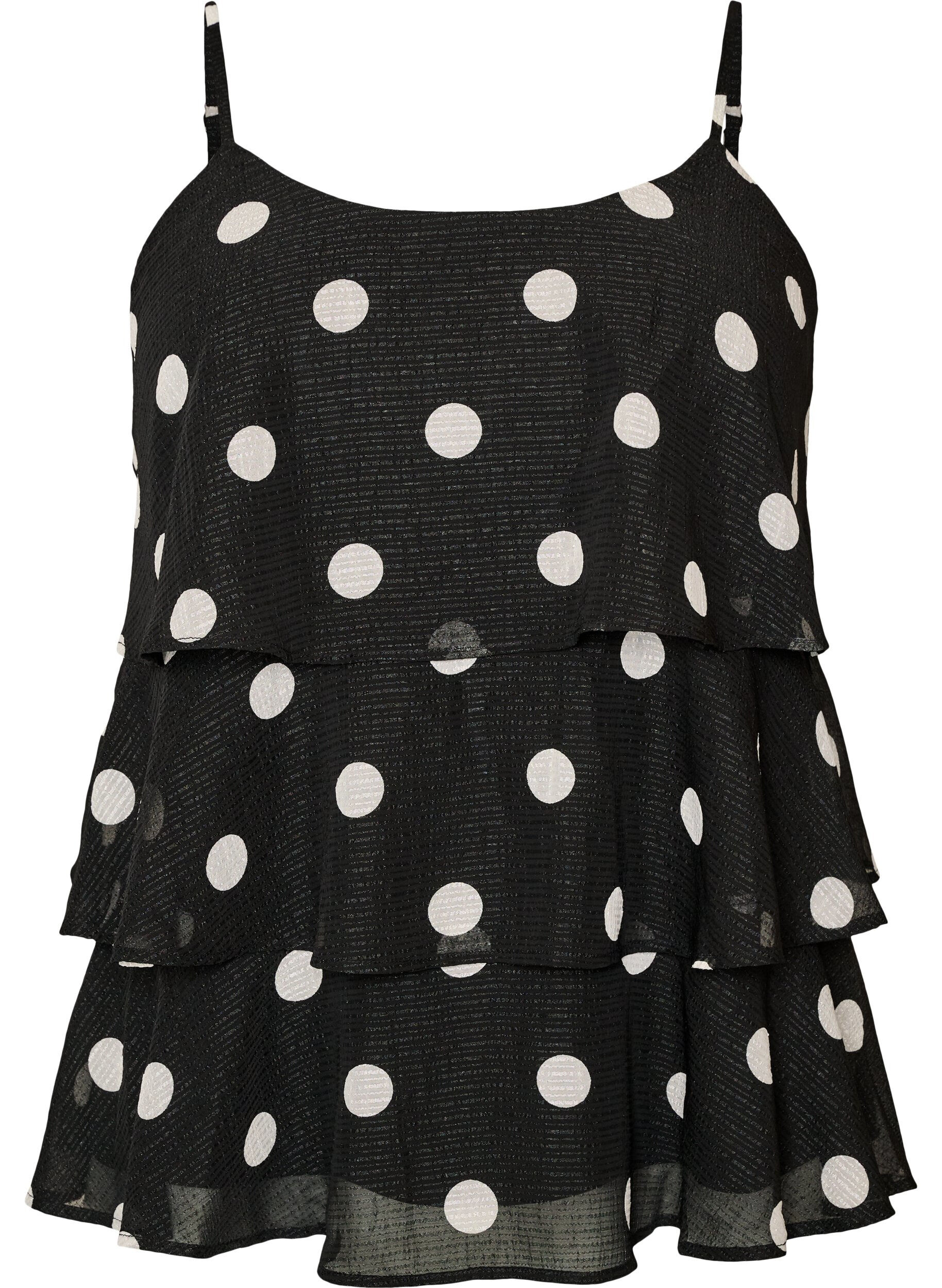 ZizziKerrostettu toppi r&ouml;yhel&ouml;ill&auml; ja spagettiolkaimilla, Musta, Packshot image number 0