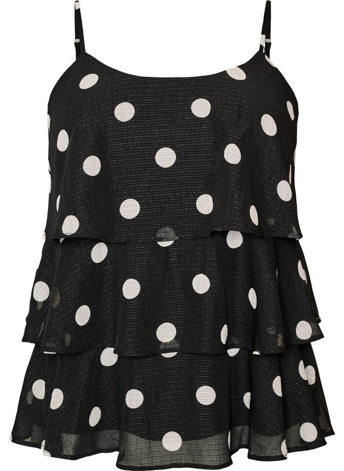 Kerrostettu toppi r&ouml;yhel&ouml;ill&auml; ja spagettiolkaimilla, Musta, Packshot