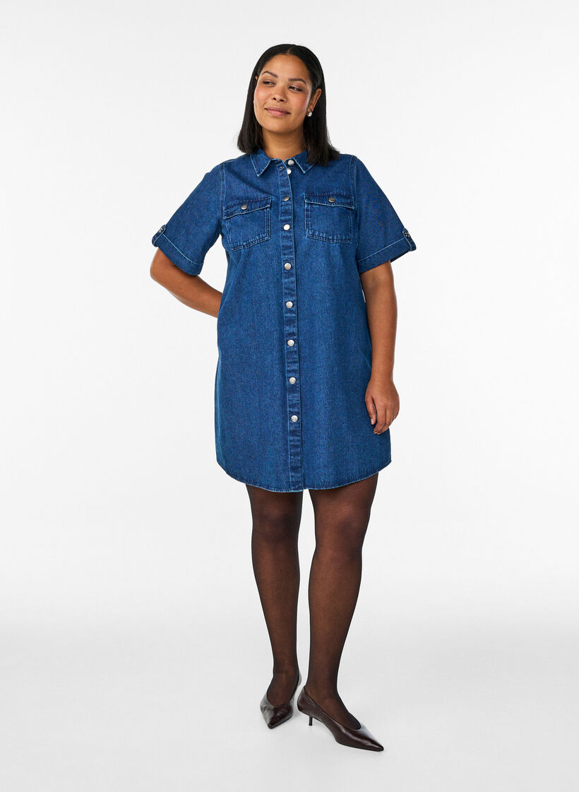 Denimmekko lyhyill&auml; hihoilla ja napeilla, Sininen, Model image number 1