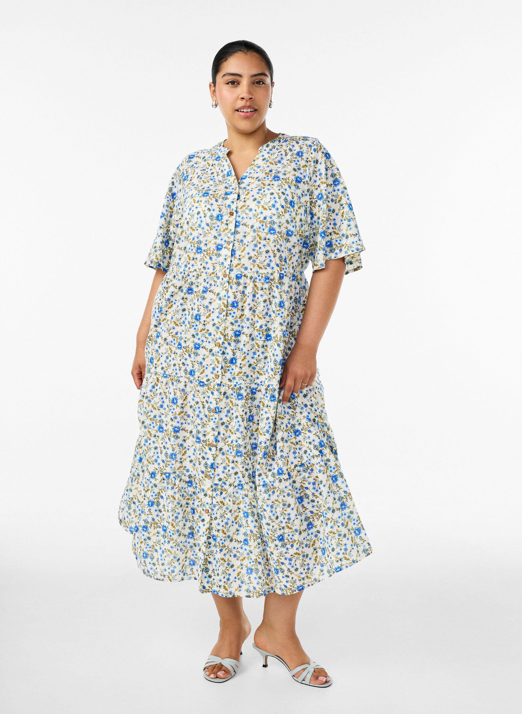 ZizziPuuvillainen midimekko kukkakuosilla, Sininen, Model image number 0