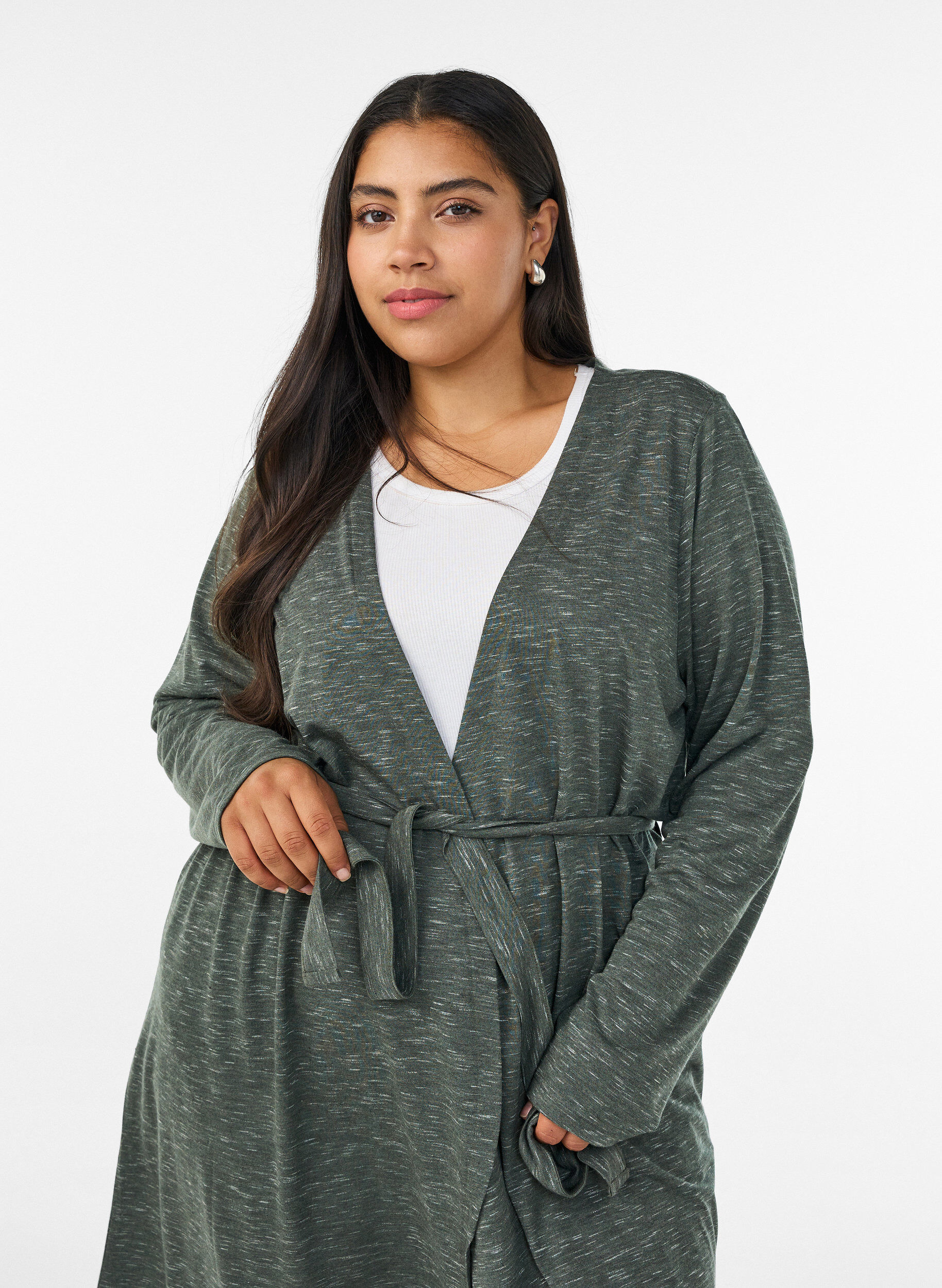 ZizziPitk&auml; jersey-neuletakki solmittavalla vy&ouml;ll&auml;, Vihre&auml;, Model image number 2