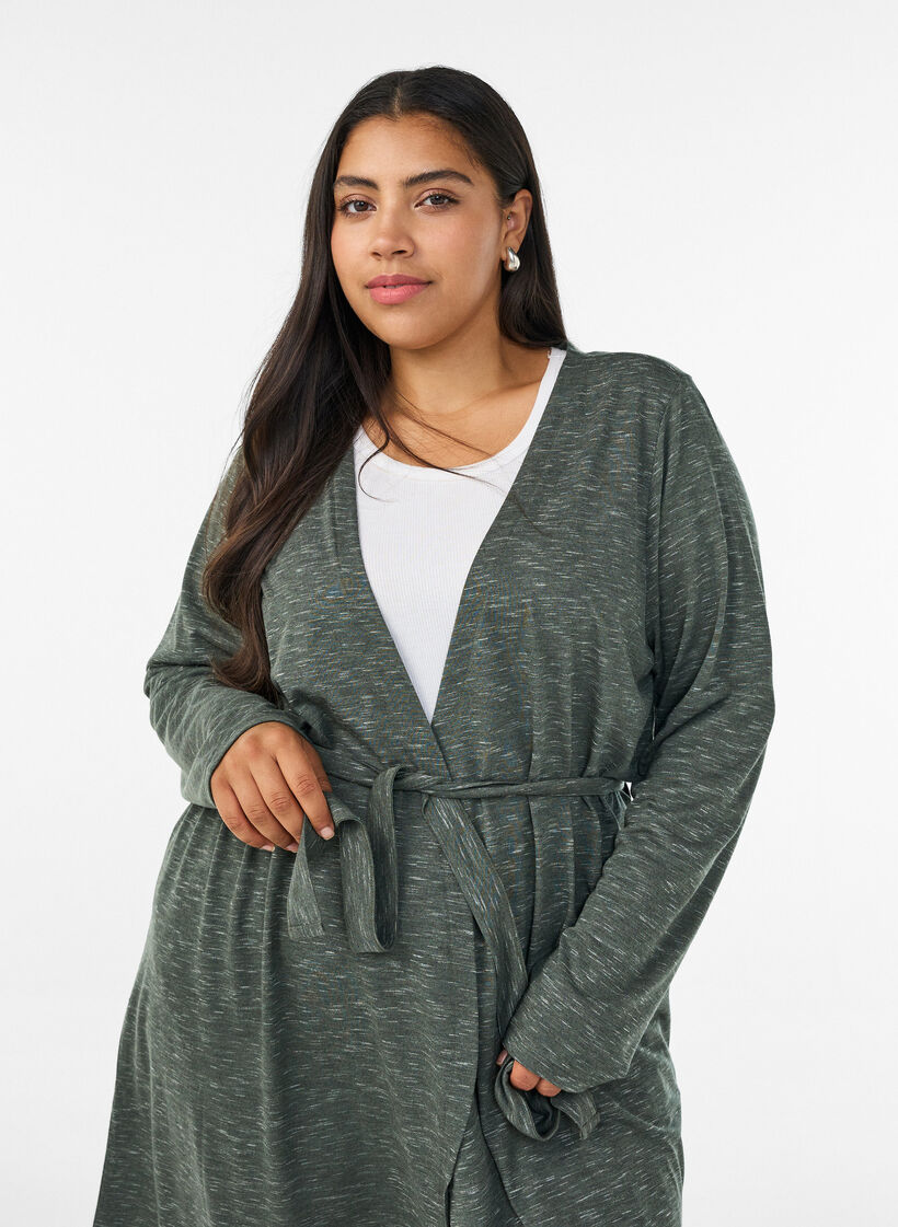 Pitk&auml; jersey-neuletakki solmittavalla vy&ouml;ll&auml;, Vihre&auml;, Model image number 2