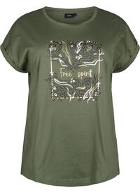 Orgaanisesta puuvillasta valmistettu T-paita kultaisella painatuksella