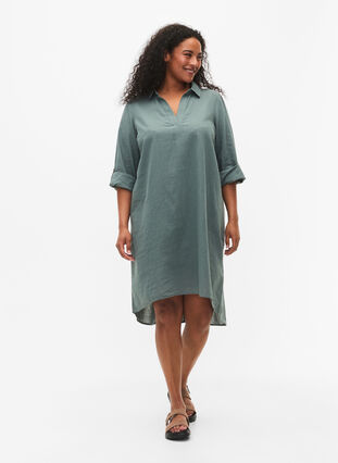Puuvillasta ja pellavasta valmistettu raidallinen mekko, Balsam Green, Model image number 2
