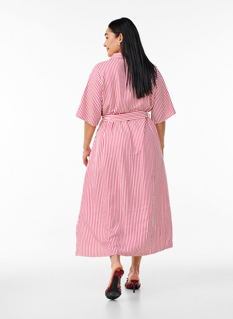 Nilkkapituinen paitamekko, jossa solmittava vy&ouml; ja raitoja, Vaaleanpunainen, Model image number 1