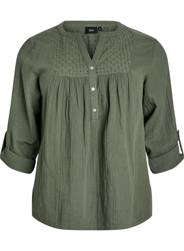Paita puuvillamusliinissa, jossa broderie anglaise -kirjailu, Vihre&auml;, Packshot image number 0