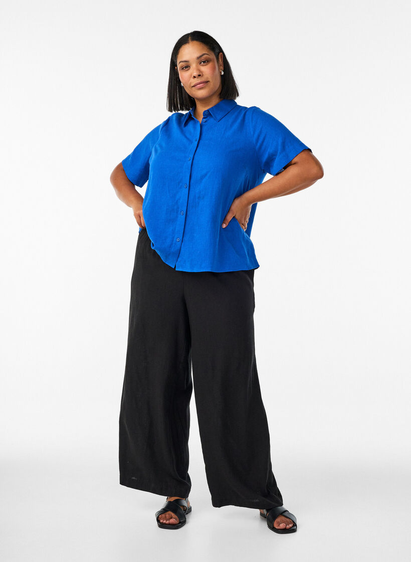 Lyhythihainen paita pellavasta ja viskoosista, Sininen, Model image number 1