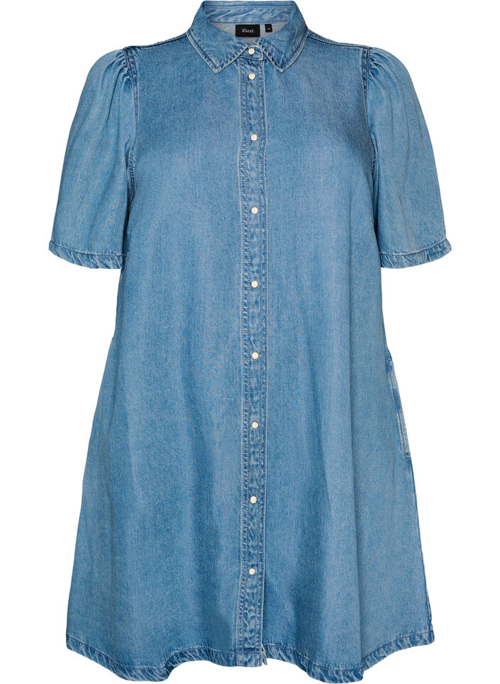 Lyocell-denimmekko napeilla ja lyhyill&auml; hihoilla, Sininen, Packshot image number 0