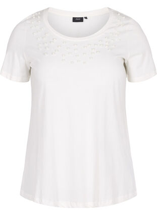 Puuvillainen t-paita helmillä, Warm Off-white, Packshot image number 0