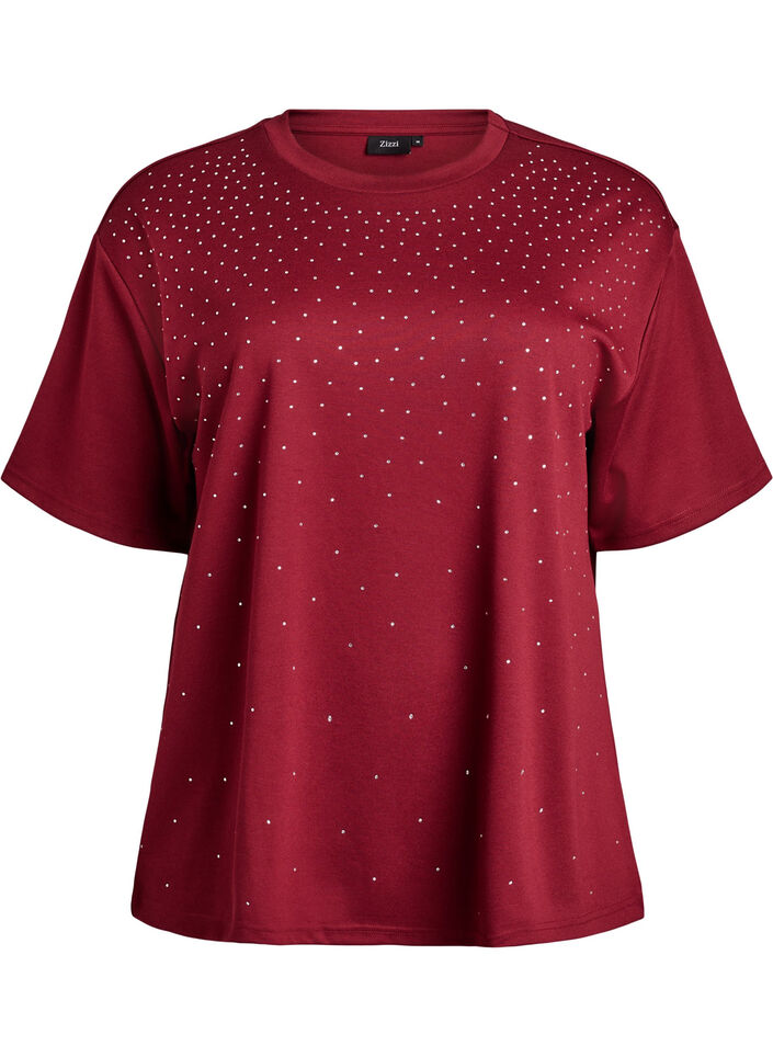 T-paita strassikoristeilla ja py&ouml;re&auml;ll&auml; p&auml;&auml;ntiell&auml;, Tumma Bordeaux, Packshot image number 0