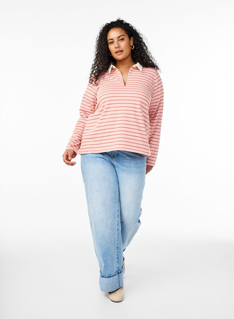 Raidallinen pikeepaita vetoketjulla, Punainen, Model image number 1